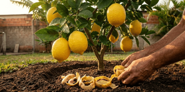 Mãos de um jardineiro adubando um limoeiro carregado sob a luz dourada