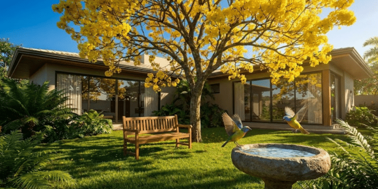 Um Ipê-amarelo florido iluminado pelo sol, oferecendo sombra e atraindo pássaros para um jardim com bebedouro