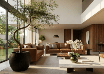 Sala de luxo com Bambu Mossô escultural e orquídeas em ambiente clean