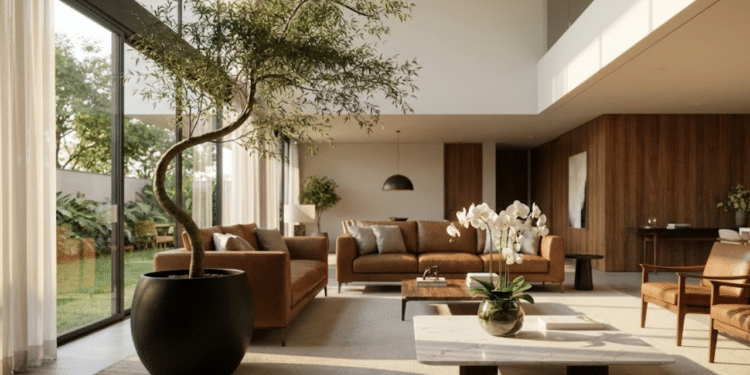 Sala de luxo com Bambu Mossô escultural e orquídeas em ambiente clean