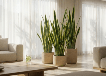 Sala moderna com Espadas-de-São-Jorge em luz suave, evocando um spa