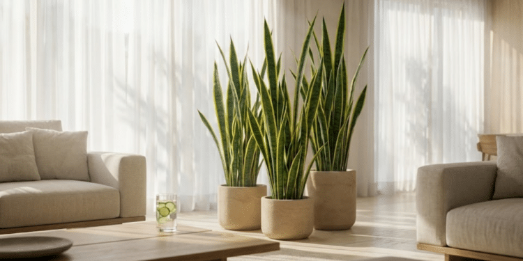 Sala moderna com Espadas-de-São-Jorge em luz suave, evocando um spa