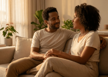 Casal em momento de escuta atenta e carinho sob luz suave da tarde