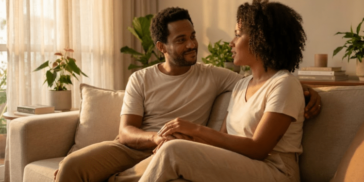 Casal em momento de escuta atenta e carinho sob luz suave da tarde
