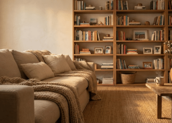 Sala de estar acolhedora com estantes de livros e luz quente de fim de tarde