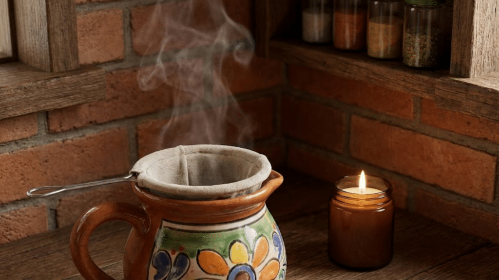 Café coado e uma vela acesa em uma cozinha rústica e perfumada