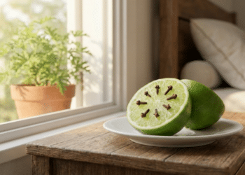 Limão com cravos em uma mesa de cabeceira iluminada pelo sol