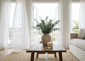 Sala ensolarada com janelas abertas, velas e plantas que evocam frescor
