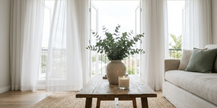 Sala ensolarada com janelas abertas, velas e plantas que evocam frescor