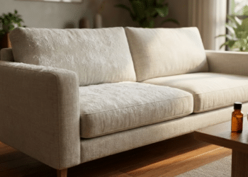 Sofá moderno com bicarbonato sob luz solar, transmitindo limpeza e frescor