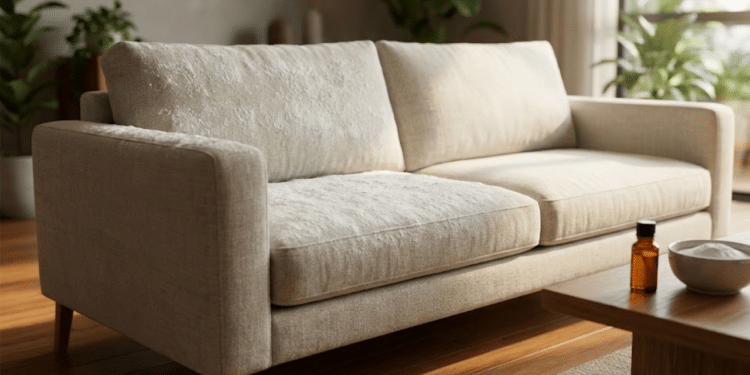 Sofá moderno com bicarbonato sob luz solar, transmitindo limpeza e frescor