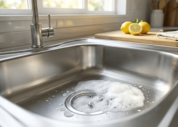 Reação efervescente de bicarbonato e vinagre no ralo de uma pia moderna