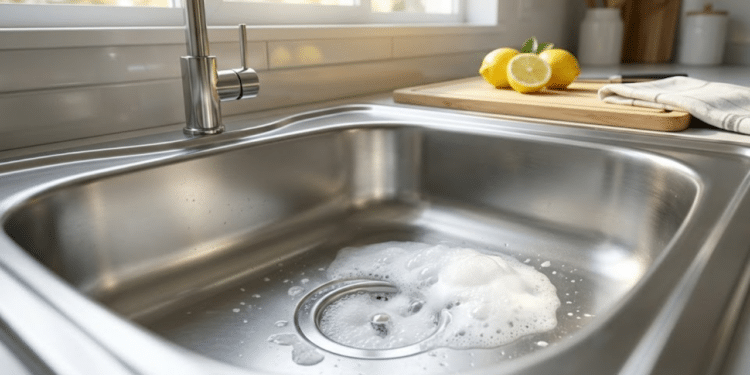 Reação efervescente de bicarbonato e vinagre no ralo de uma pia moderna