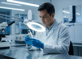 Cientista inspecionando produto em laboratório, simbolizando a fiscalização da Anvisa