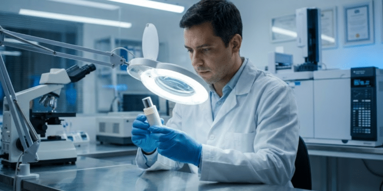 Cientista inspecionando produto em laboratório, simbolizando a fiscalização da Anvisa