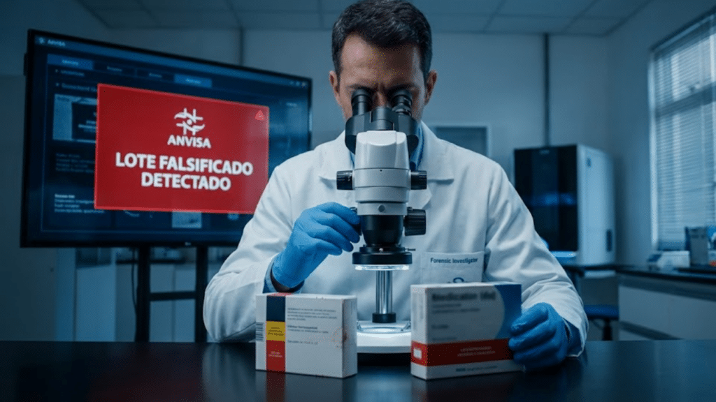 Investigador comparando medicamentos sob microscópio com alerta de fraude da Anvisa