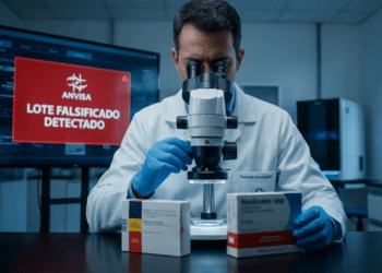 Investigador comparando medicamentos sob microscópio com alerta de fraude da Anvisa