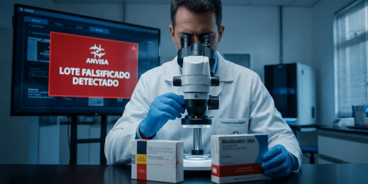 Investigador comparando medicamentos sob microscópio com alerta de fraude da Anvisa