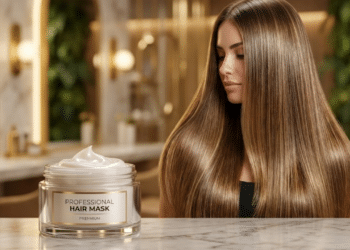Cabelo luxuoso e brilhante em salão de elite com máscara profissional em destaque
