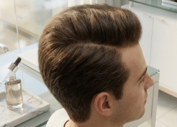 Cabelo denso e volumoso em ambiente clínico luxuoso com tônico em destaque