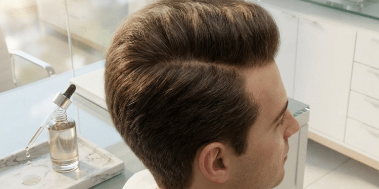 Cabelo denso e volumoso em ambiente clínico luxuoso com tônico em destaque