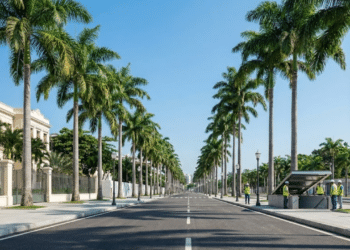 Avenida brasileira moderna e arborizada, com horizonte livre de fios e cabos