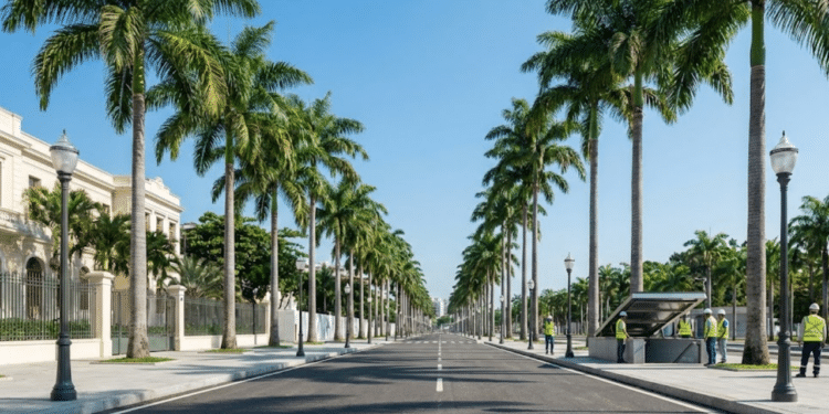 Avenida brasileira moderna e arborizada, com horizonte livre de fios e cabos