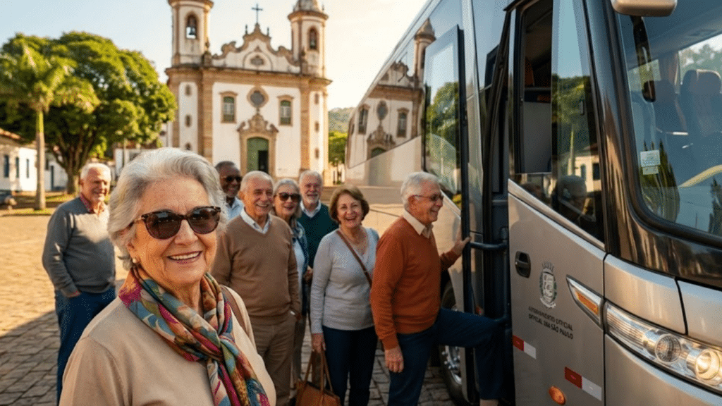 Grupo de idosos felizes embarcando em um ônibus de turismo em praça ensolarada