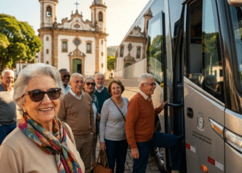 Grupo de idosos felizes embarcando em um ônibus de turismo em praça ensolarada