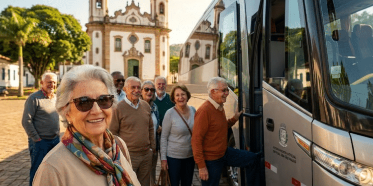 Grupo de idosos felizes embarcando em um ônibus de turismo em praça ensolarada
