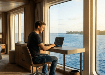 Engenheiro trabalha com vista panorâmica do oceano em cabine de luxo