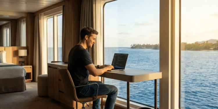Engenheiro trabalha com vista panorâmica do oceano em cabine de luxo