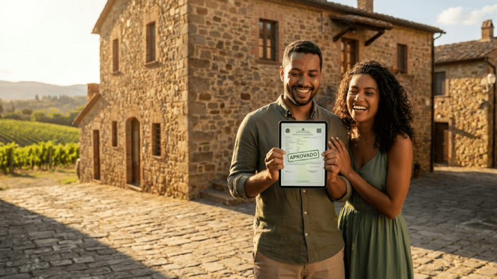 Casal brasileiro muito feliz segurando um tablet com a palavra 'APROVADO' em frente a uma casa rústica de pedra na Toscana
