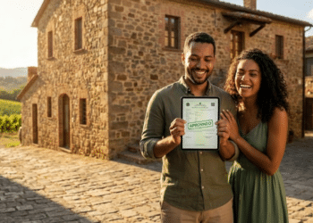 Casal brasileiro muito feliz segurando um tablet com a palavra 'APROVADO' em frente a uma casa rústica de pedra na Toscana