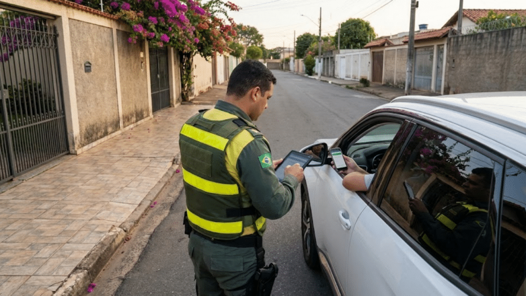 Policial brasileiro usando tablet para validar CNH digital em abordagem