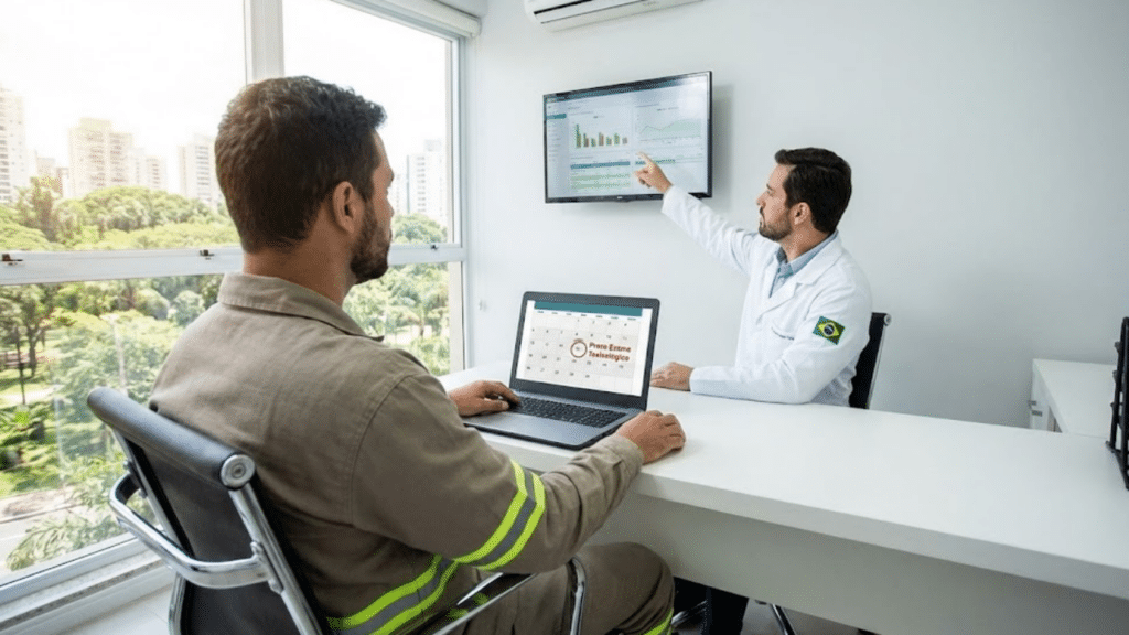 Motorista realizando exame médico obrigatório em clínica moderna