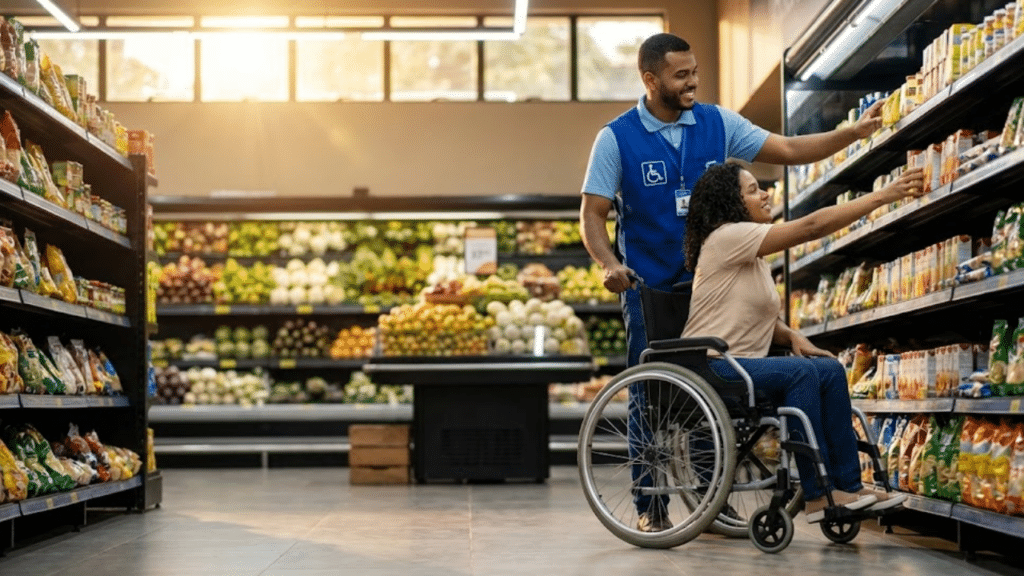 Funcionário auxiliando cliente em cadeira de rodas em mercado