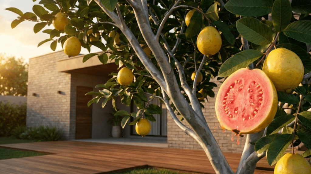 Goiabeira carregada com frutos amarelos e polpa rosa sob sol dourado