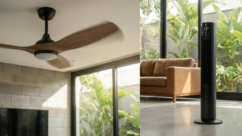 Ventilador de teto e torre em sala moderna com luz solar