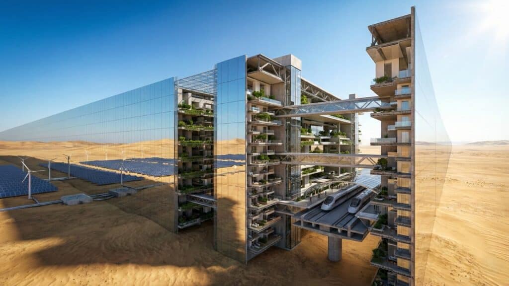 Uma cidade de 170 km no deserto quer abrigar 9 milhões em uma linha só e depender de um trem em 20 minutos todo dia