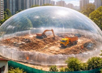 China cria 'bolha gigante' que diminui poluição e barulho em obras urbanas usando tecnologia inflável para proteção de casas e do meio ambiente