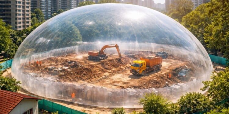 China cria 'bolha gigante' que diminui poluição e barulho em obras urbanas usando tecnologia inflável para proteção de casas e do meio ambiente