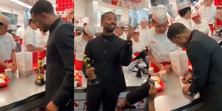 Ator Michael B. Jordan festeja vitória do Oscar em restaurante de fast food e surpreende fãs