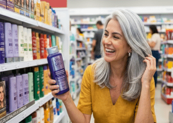 Condicionador desamarelador de farmácia reduz o tom amarelado dos cabelos grisalhos e evita aspecto opaco em mulheres 35+