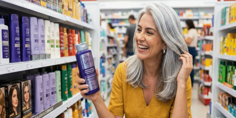 Condicionador desamarelador de farmácia reduz o tom amarelado dos cabelos grisalhos e evita aspecto opaco em mulheres 35+