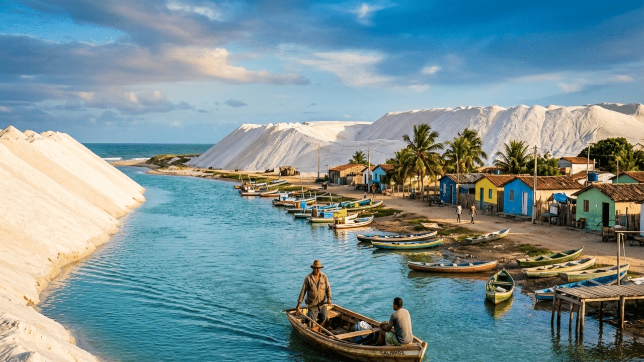 A vila de pescadores no RN com menos de 2 mil habitantes cercada por dunas de sal onde carros não entram e o acesso só acontece de barco