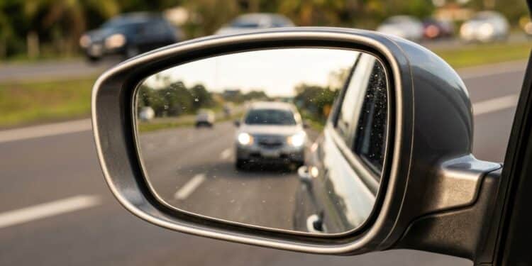 Reflexos da estrada pelo retrovisor