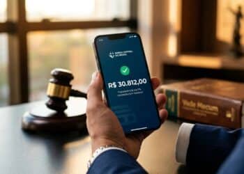 Smartphone exibindo valor de Pix alto sobreposto a um martelo de juiz