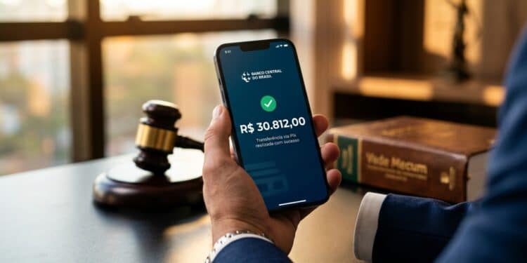 Smartphone exibindo valor de Pix alto sobreposto a um martelo de juiz