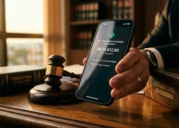 Smartphone exibindo valor de Pix alto sobreposto a um martelo de juiz